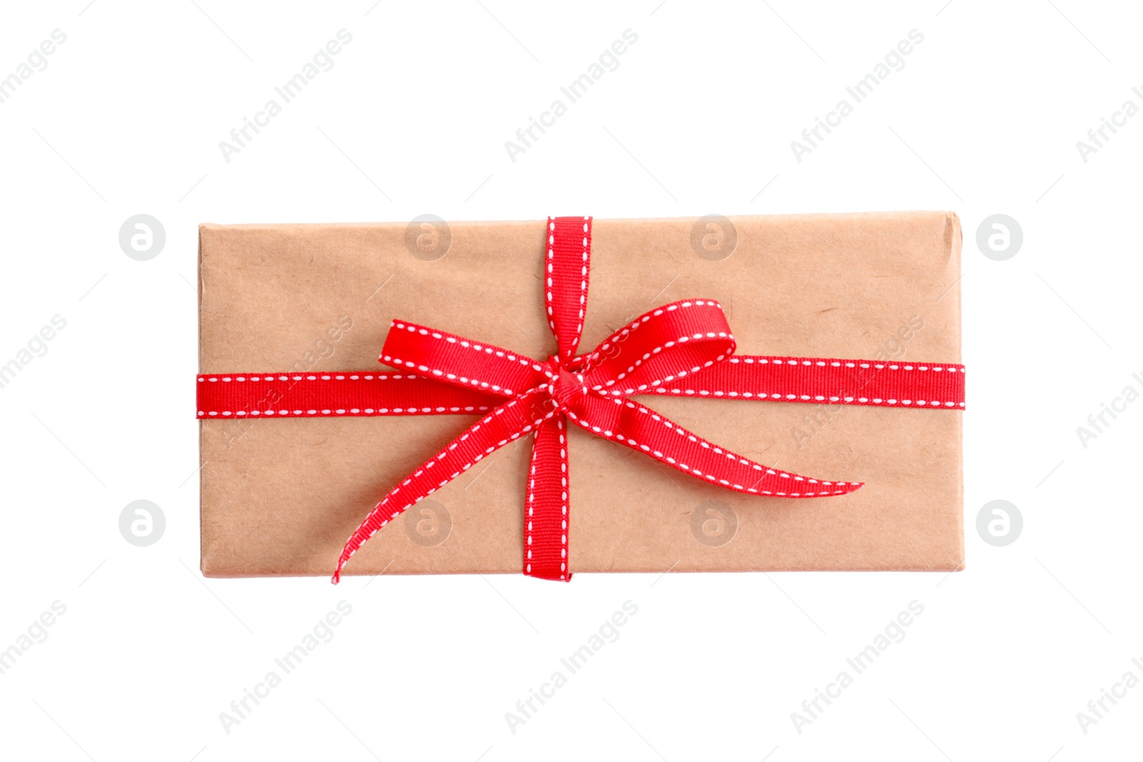 Photo of Beautifully wrapped gift box on white background, top view