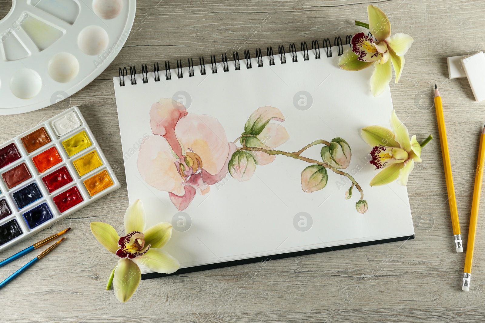 Photo of Flat lay composition with beautiful drawing of orchid
flowers on wooden table