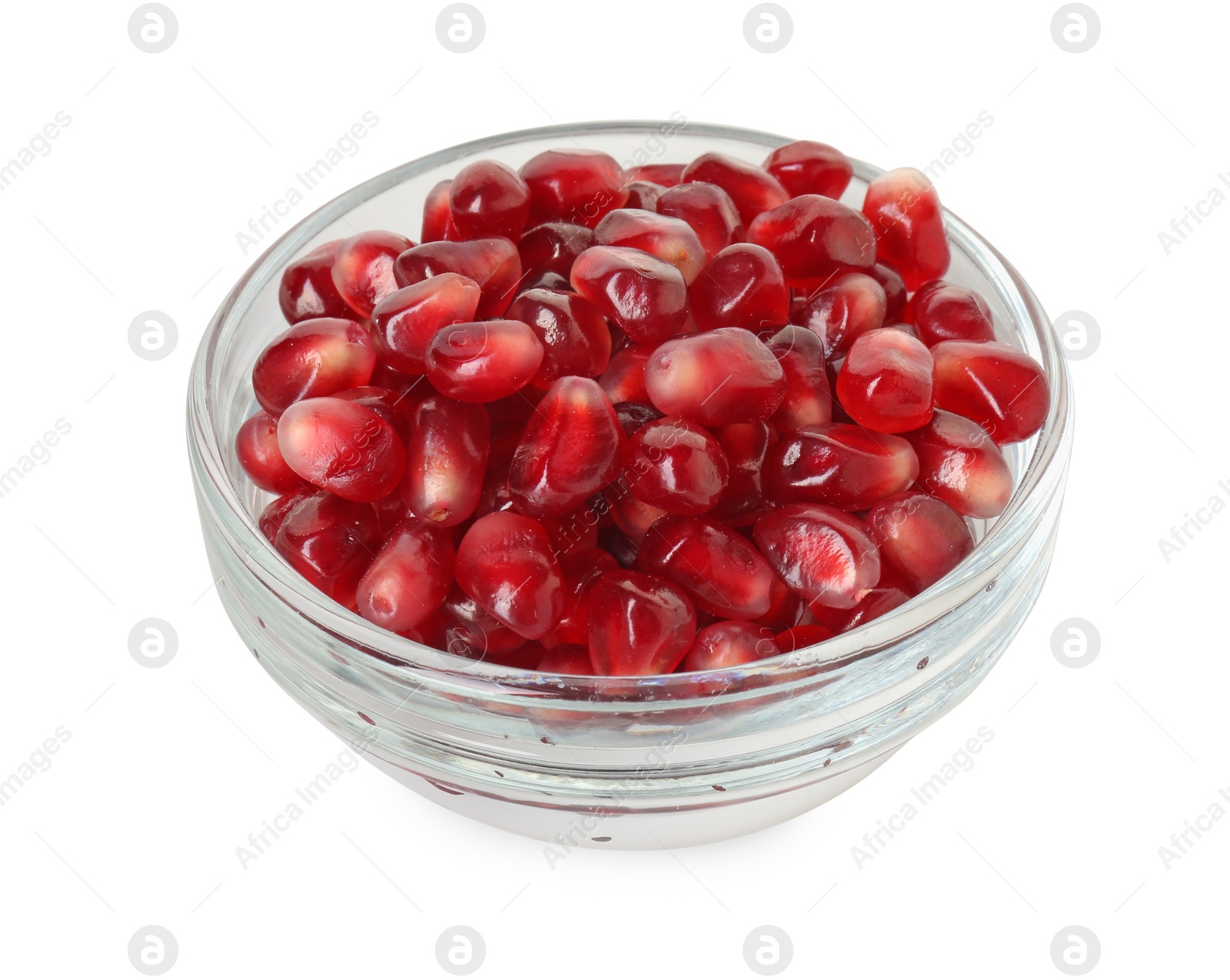 Photo of Ripe juicy pomegranate grains in bowl isolated on white