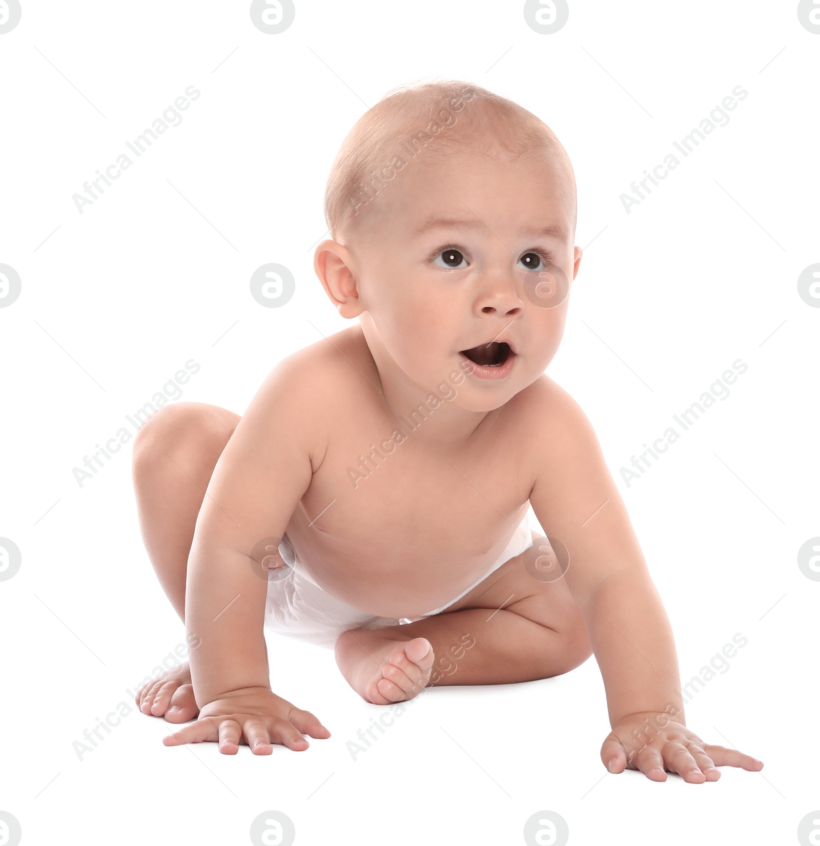 Photo of Cute little baby crawling on white background