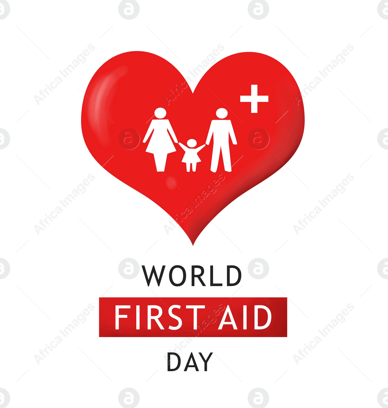 Illustration of World First Aid Day. Red heart and silhouettes of family on white background