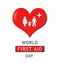 World First Aid Day. Red heart and silhouettes of family on white background
