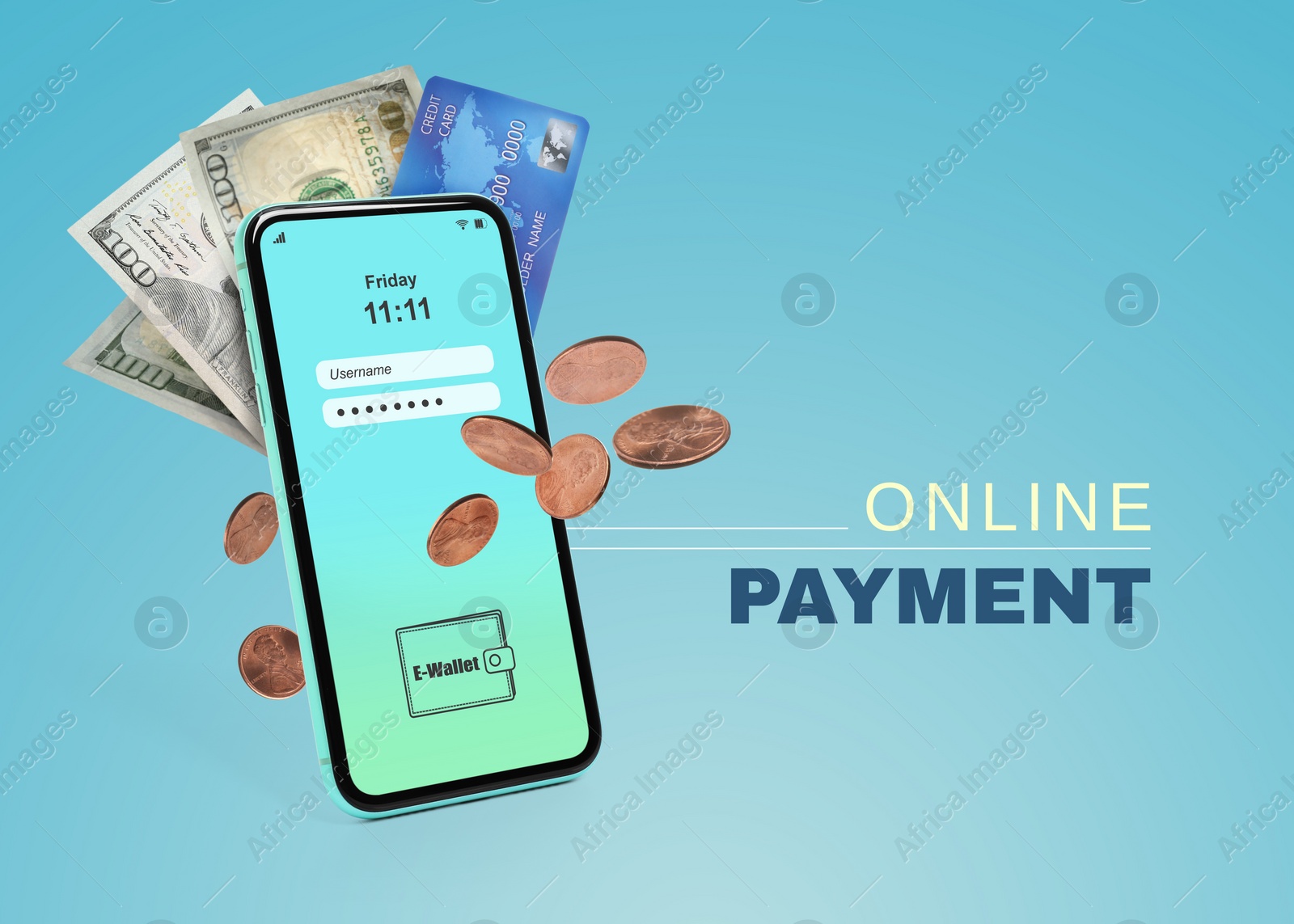 Image of Online payment. Mobile phone with e-wallet sign-in screen, dollar banknotes, coins and credit card on light blue background