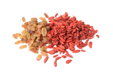 Photo of Tasty dried barberry and raisins on white background, top view
