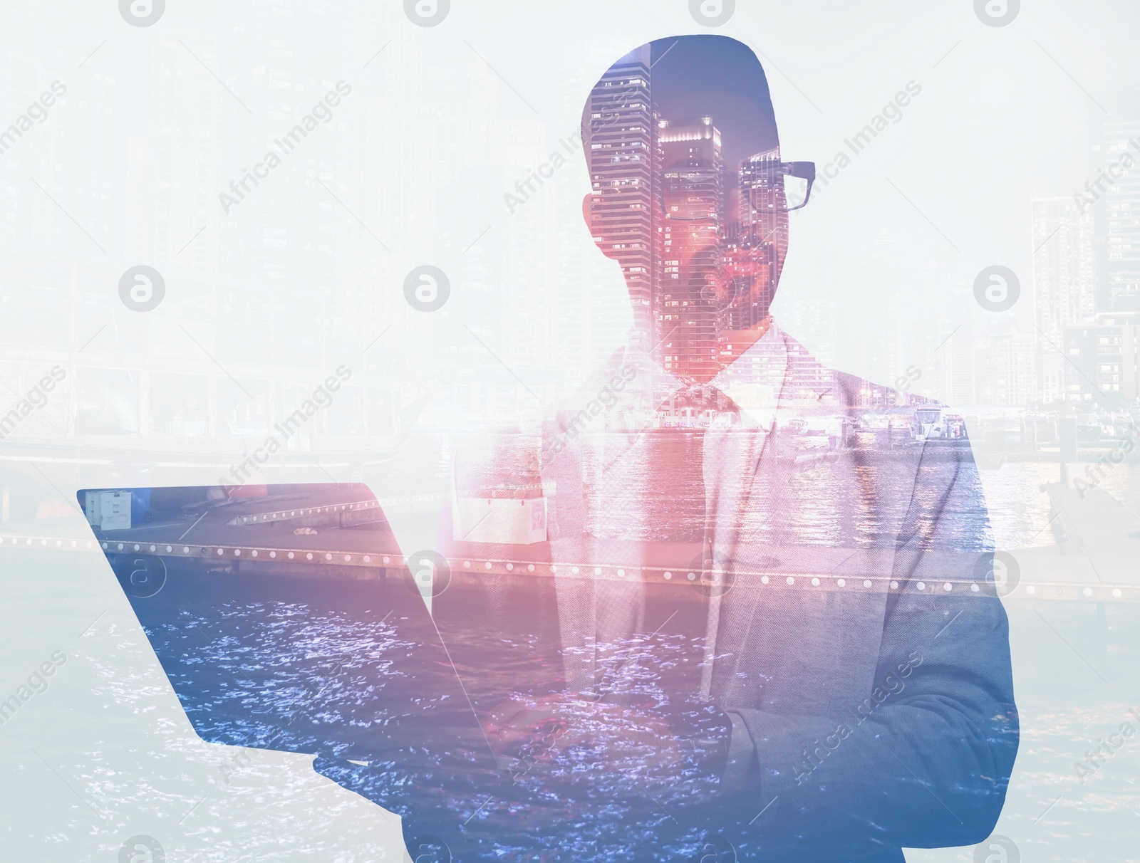 Image of Double exposure of businessman and cityscape. Leadership concept