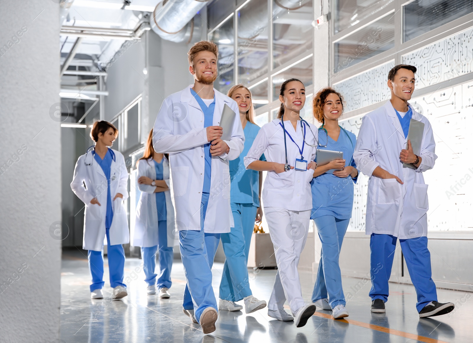 Photo of Group of medical students in college hallway