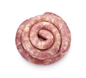 Homemade sausage on white background, top view