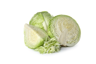 Photo of Whole and sliced cabbages on white background. Healthy food