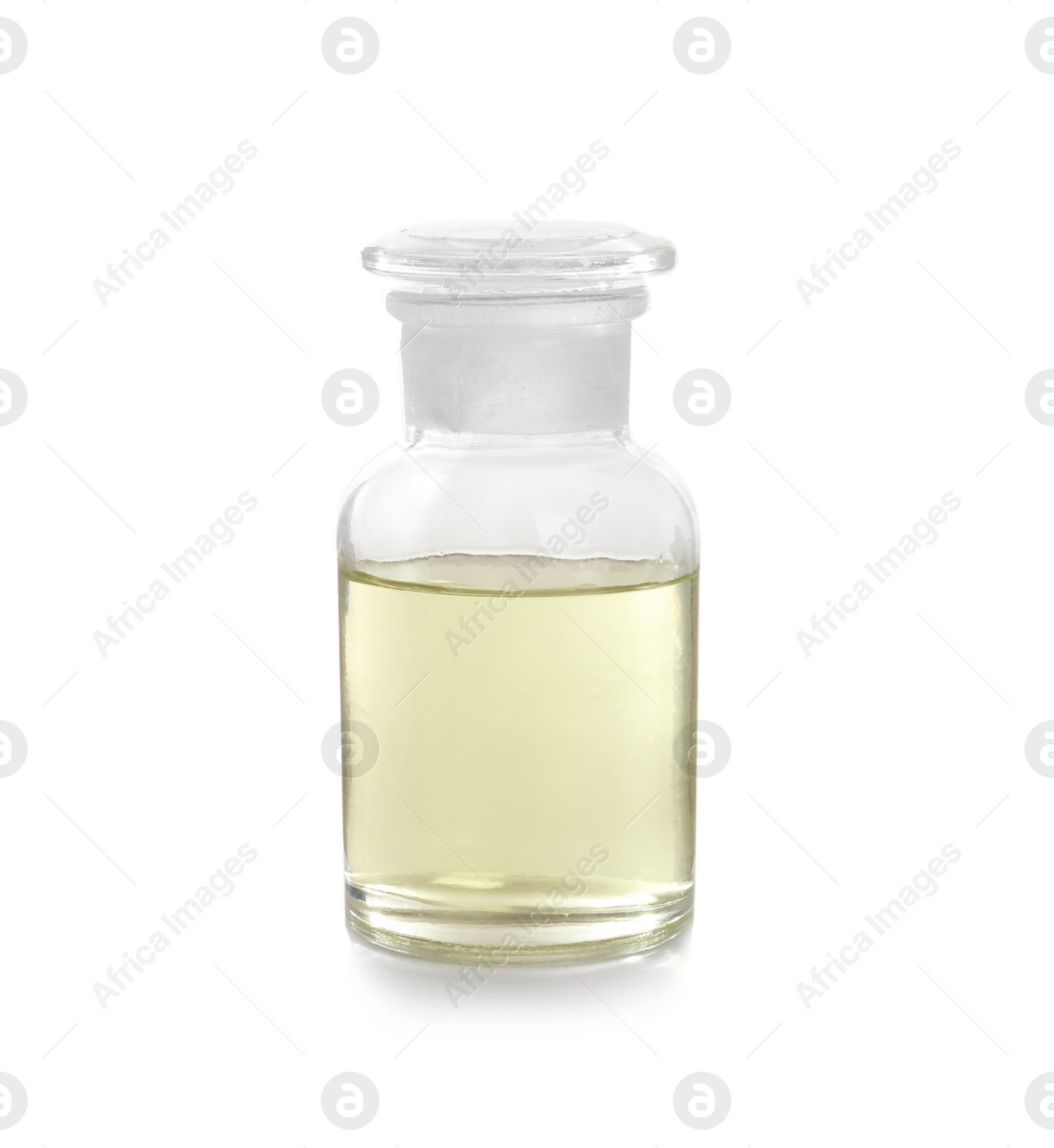 Photo of Bottle with liquid on white background. Laboratory analysis