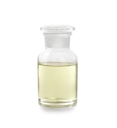 Photo of Bottle with liquid on white background. Laboratory analysis