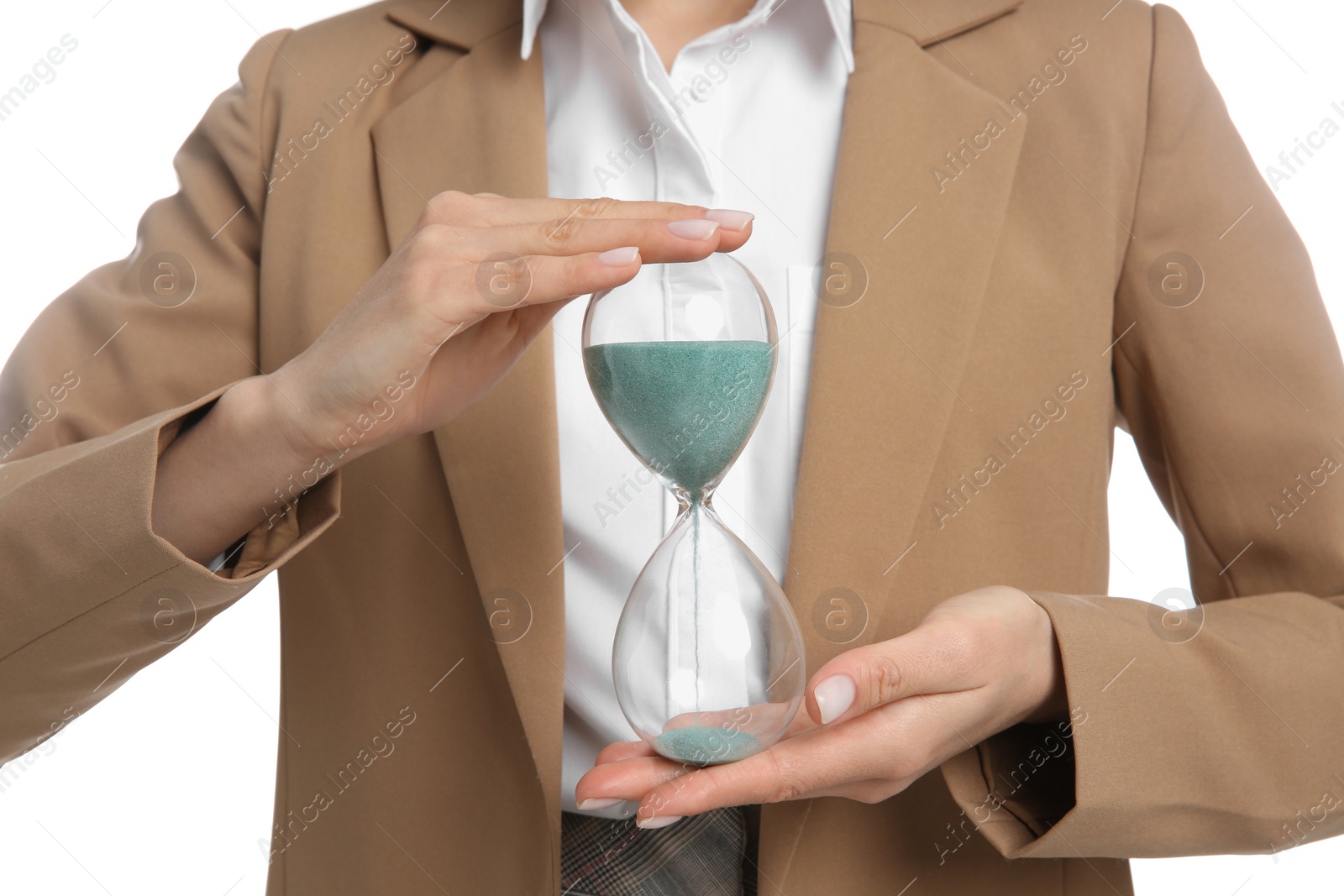 Photo of Businesswoman holding hourglass on white background, closeup. Time management