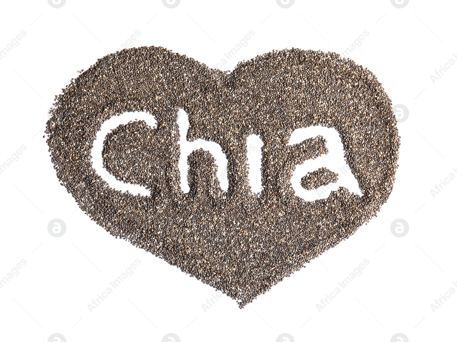 Photo of Heart made of seeds with word CHIA on white background, top view