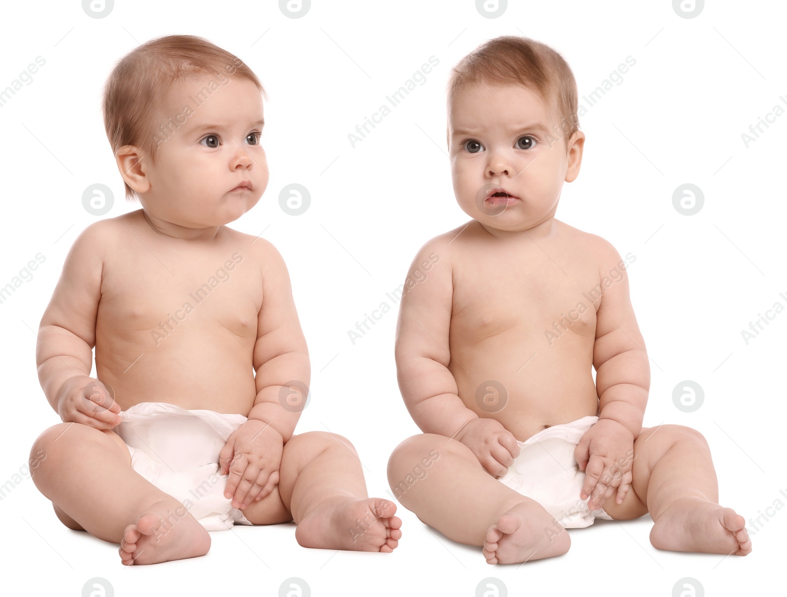 Image of Portrait of cute twin babies on white background