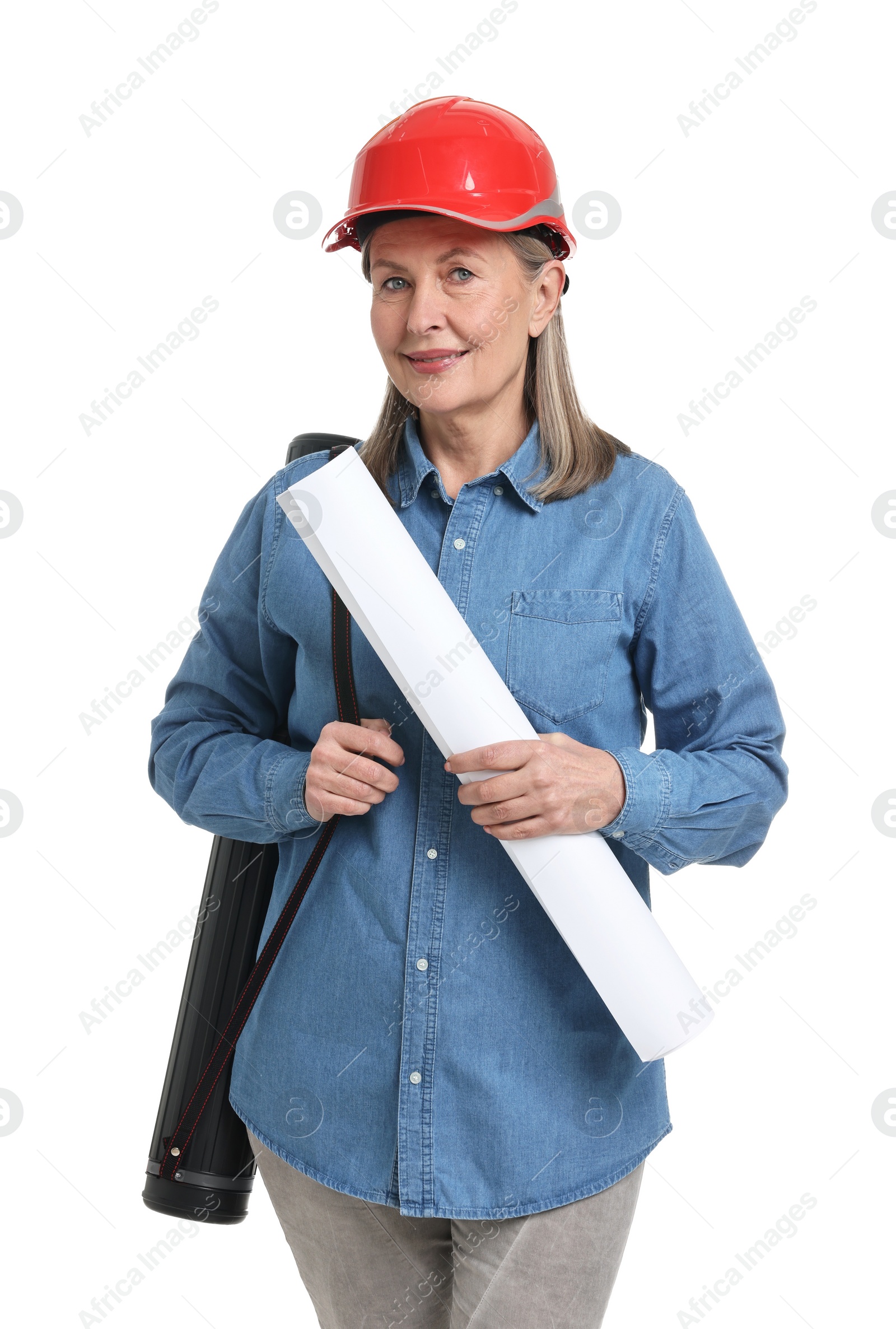 Photo of Architect in hard hat with draft and tube on white background