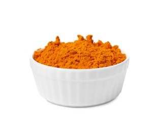 Photo of Aromatic saffron powder in bowl on white background