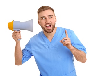 Photo of Male doctor with megaphone on white background