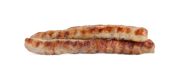 Photo of Tasty fresh grilled sausages isolated on white