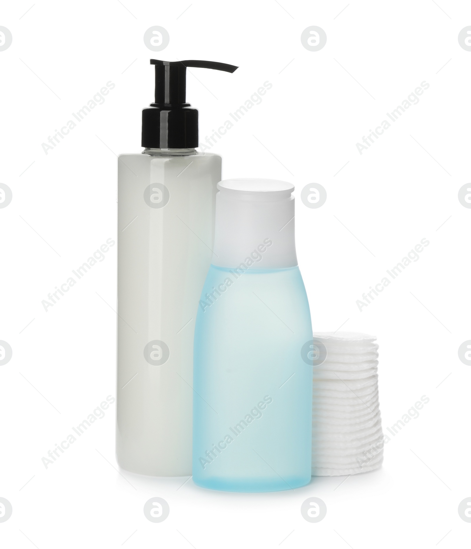 Photo of Cosmetic products and cotton pads for makeup removal on white background