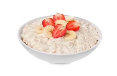 Photo of Tasty boiled oatmeal with banana and strawberries in bowl isolated on white