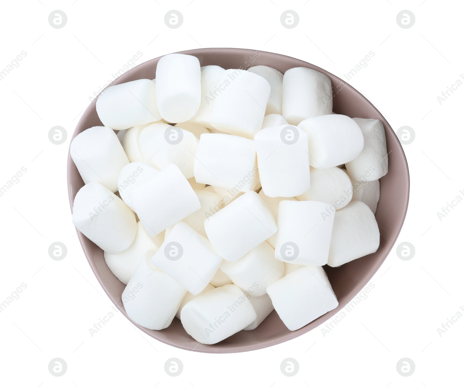 Photo of Delicious puffy marshmallows in bowl on white background, top view