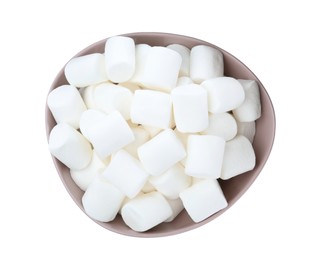 Photo of Delicious puffy marshmallows in bowl on white background, top view