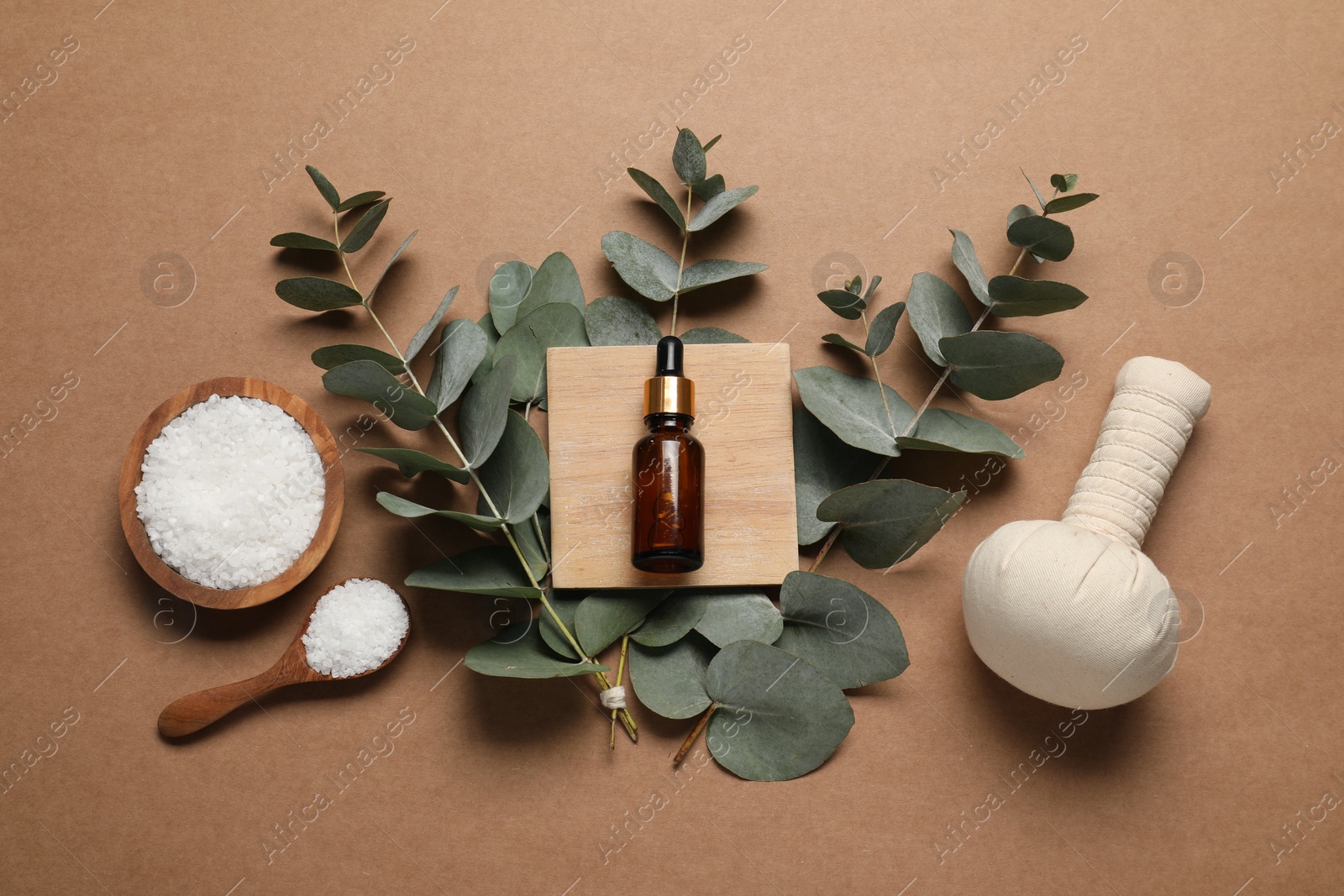 Photo of Different aromatherapy products and eucalyptus branches on brown background, flat lay