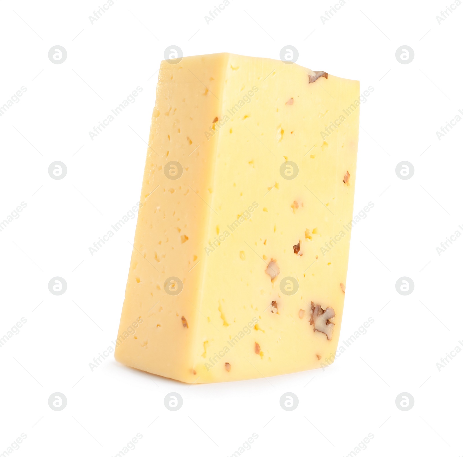 Photo of Piece of delicious cheese with nuts on white background