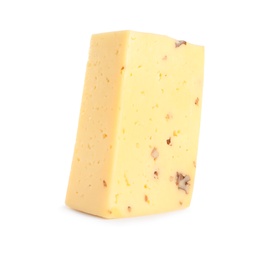 Photo of Piece of delicious cheese with nuts on white background