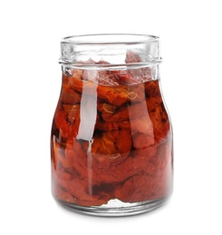 Jar with sun dried tomatoes on white background