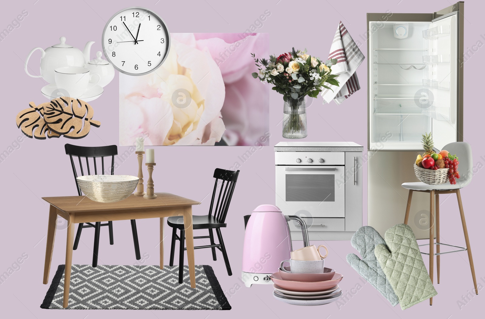 Image of Kitchen interior design. Collage with different combinable furniture and decorative elements on pale pink background