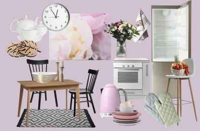 Kitchen interior design. Collage with different combinable furniture and decorative elements on pale pink background