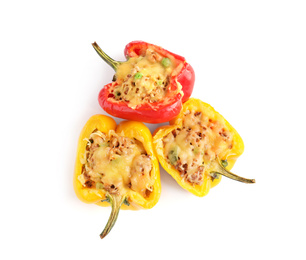 Photo of Tasty stuffed bell peppers isolated on white, top view