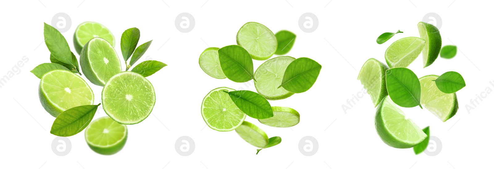 Image of Fresh lime fruits and green leaves falling on white background, collage design