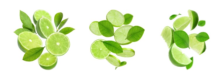 Image of Fresh lime fruits and green leaves falling on white background, collage design