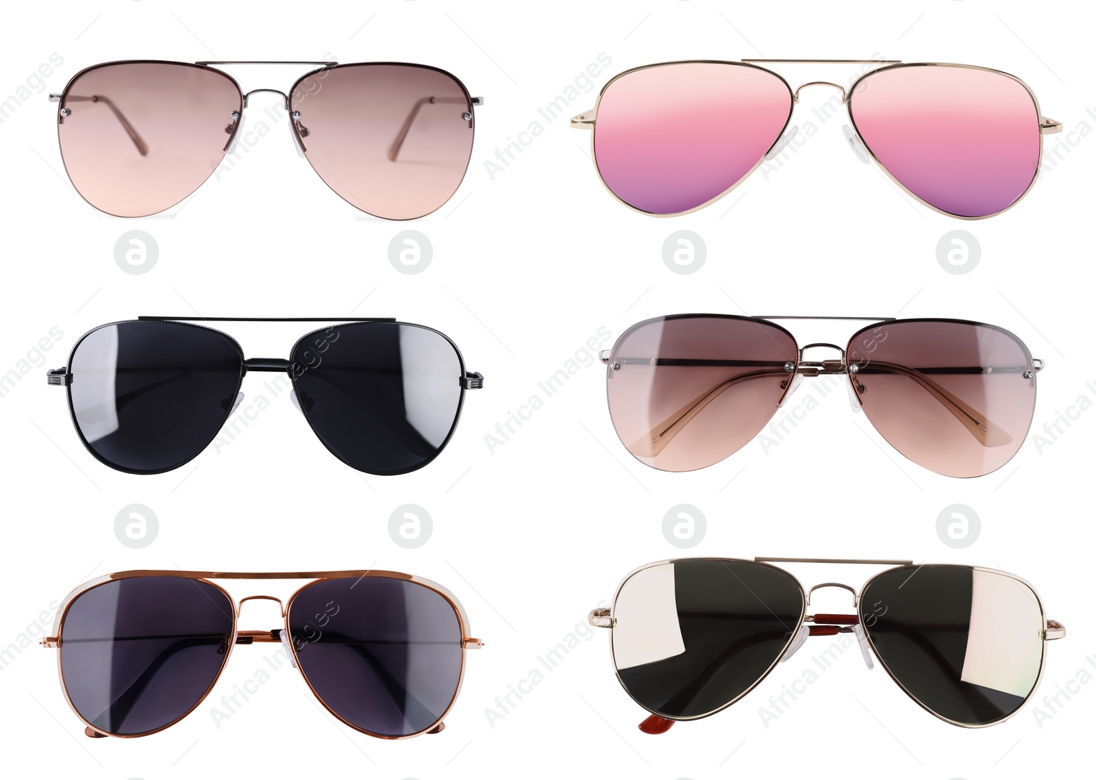 Image of Set with different stylish sunglasses on white background