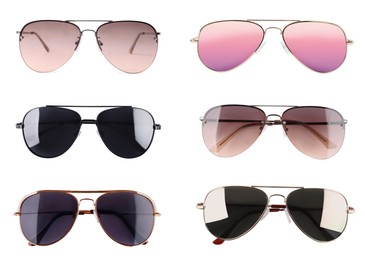 Image of Set with different stylish sunglasses on white background