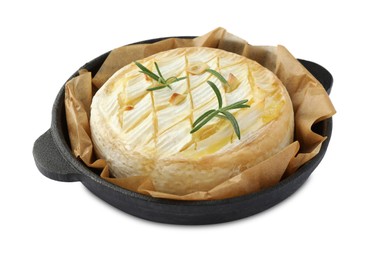 Photo of Tasty baked brie cheese with rosemary isolated on white