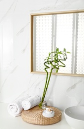 Photo of Tropical bamboo stems with leaves in stylish bathroom interior