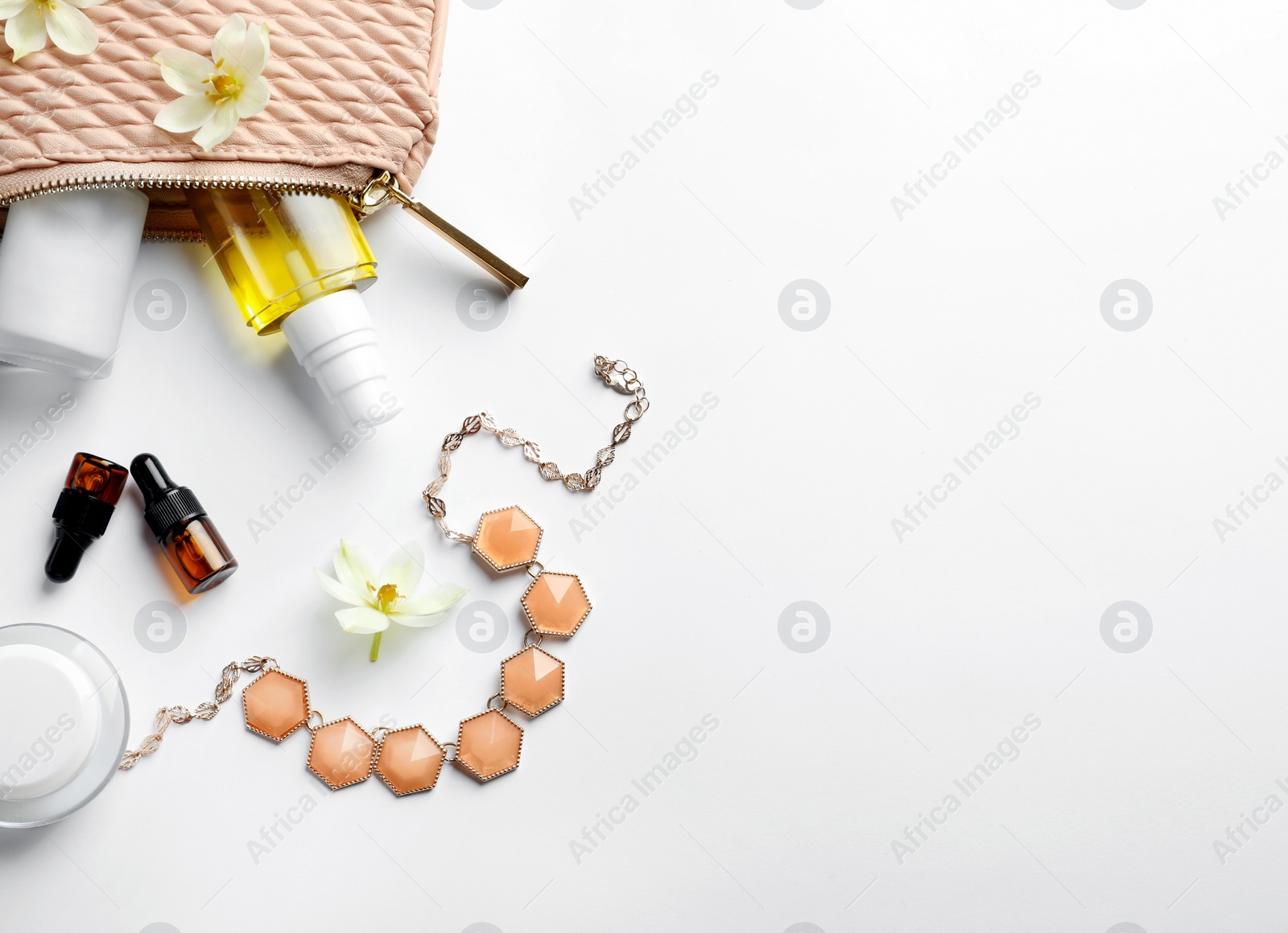 Photo of Flat lay composition with cosmetic products on white background