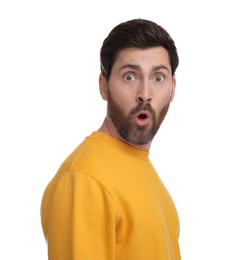 Photo of Portrait of surprised man isolated on white