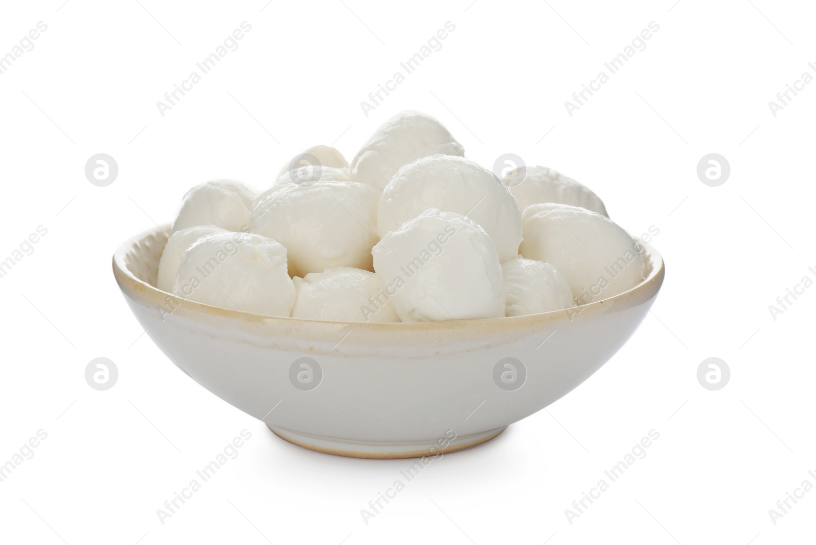 Photo of Bowl with mozzarella cheese balls on white background