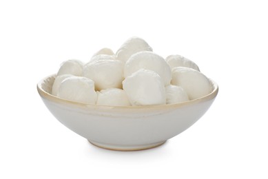 Photo of Bowl with mozzarella cheese balls on white background