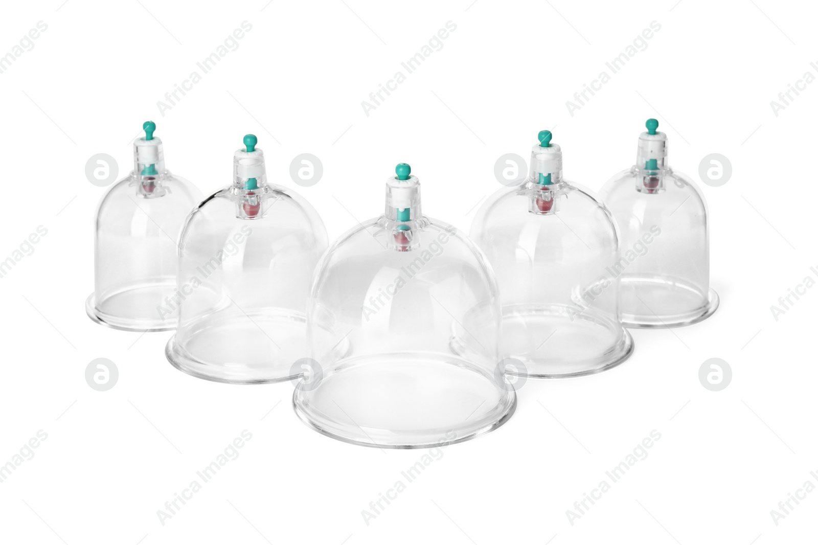 Photo of Plastic cups isolated on white. Cupping therapy