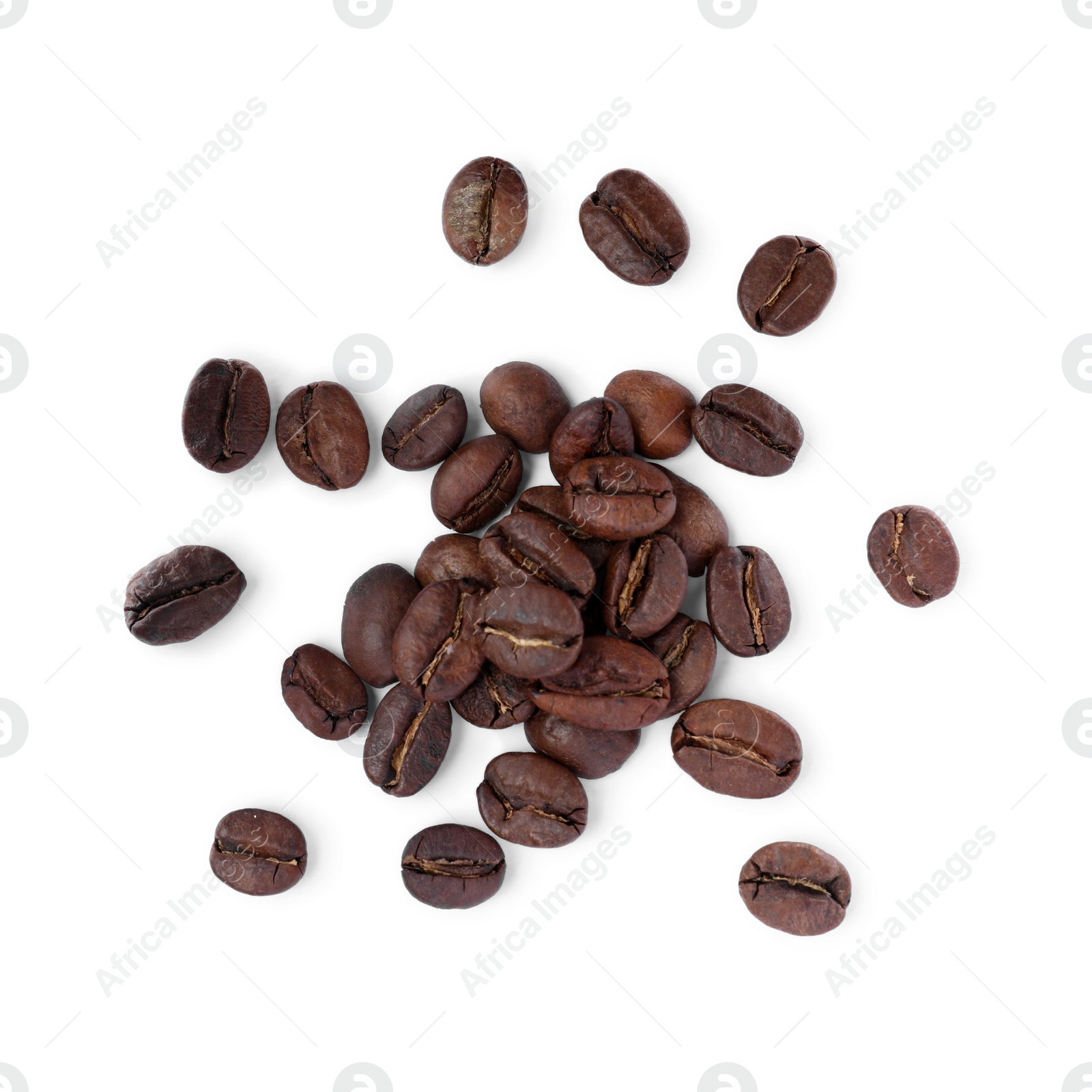 Photo of Roasted coffee beans on white background, top view