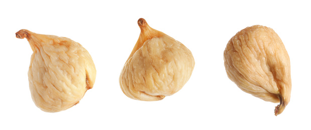 Image of Dried fig fruits falling on white background. Banner design