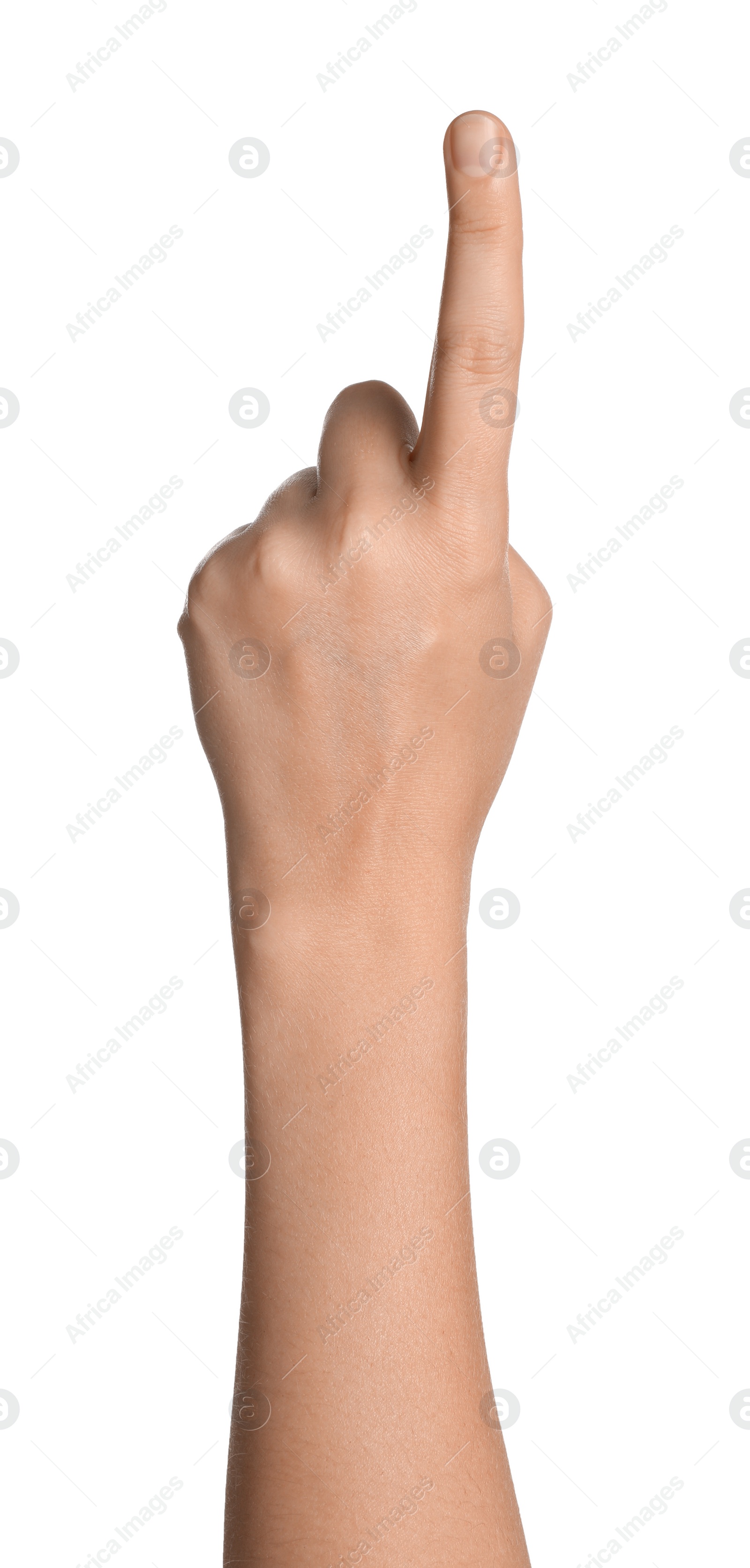 Photo of Woman pointing at something on white background, closeup of hand