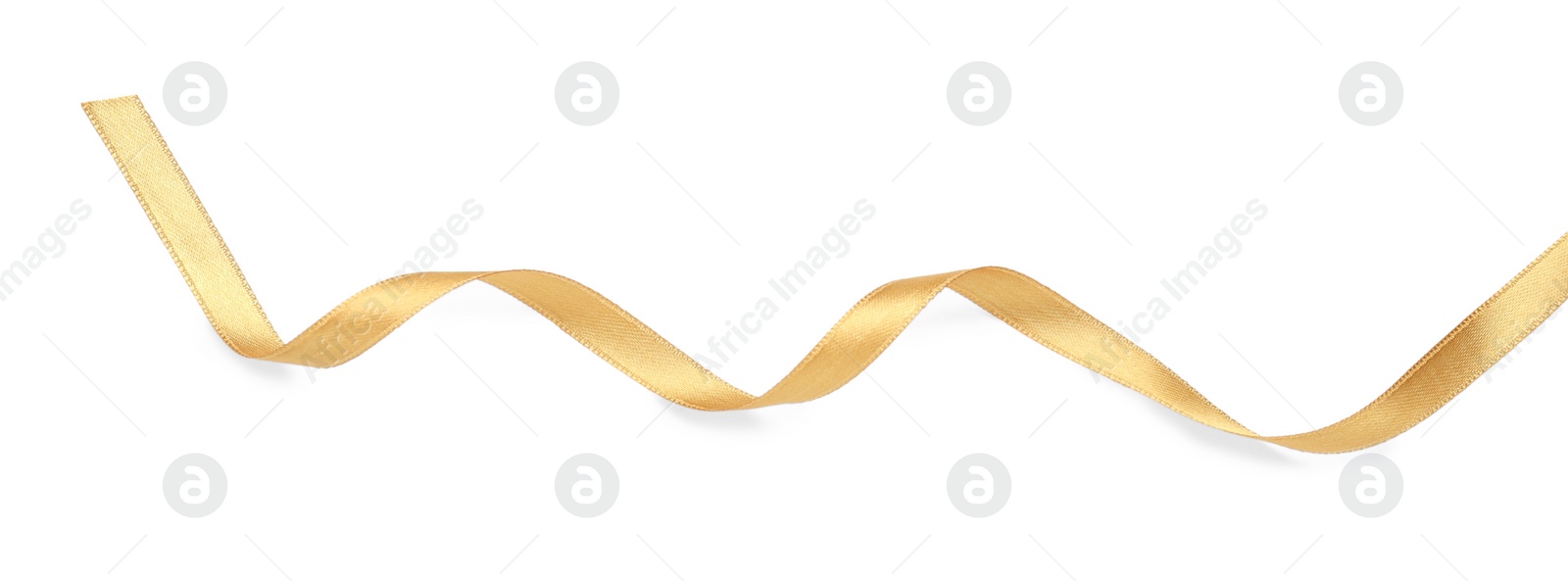 Photo of Beautiful golden ribbon isolated on white, top view