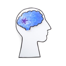 Photo of Human head cutout with brain on white background, top view. Epilepsy awareness