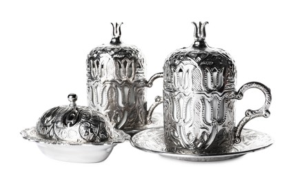 Beautiful vintage tea set on white background