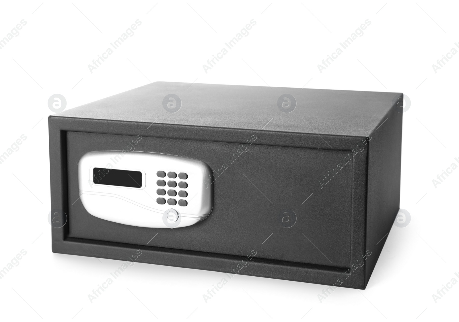 Photo of Closed black steel safe isolated on white